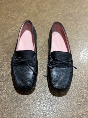 ANTONIO MELANI Black Leather Bow Loafers with Pink Insole